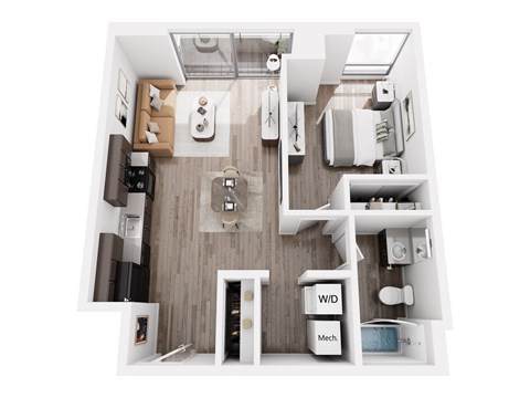 Floor plan for 1 bed, 1 bath, 642 sqft
